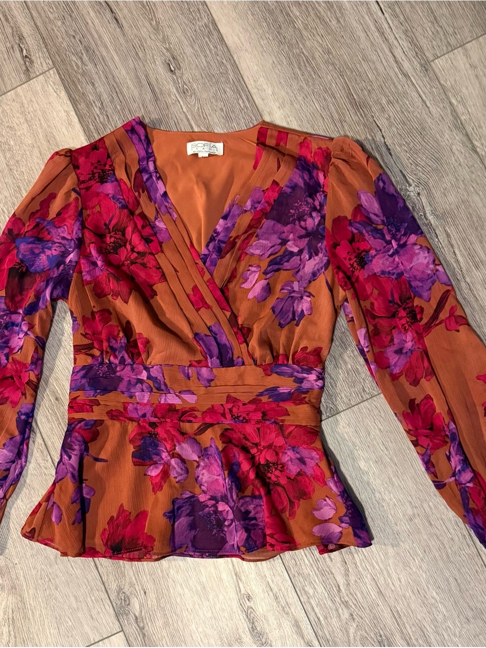 sofia by sofia vergara Rust Floral Wrap Blouse with Pink & Purple Flowers